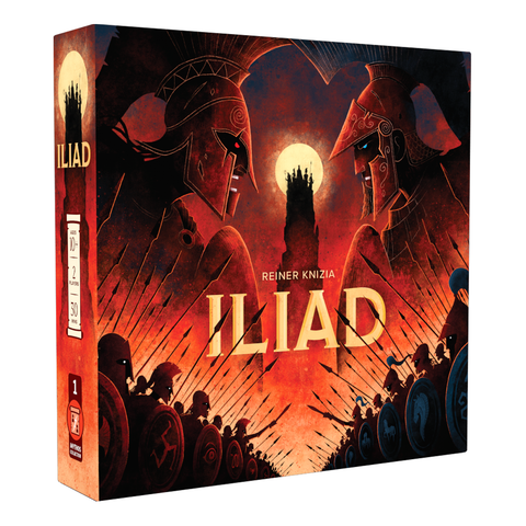 The box art for Iliad depicts stylized silhouettes of opposing armies with spears and shields at the bottom, while a glowing tower appears in the center beneath a full moon.