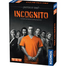 Masters of Crime: Incognito board game box featuring a pixelated figure in orange prison uniform with handcuffs, surrounded by six other characters in black and white photography. The dark packaging displays the game title in bold orange lettering against a black background, with the Kosmos publisher logo prominently featured on the right side.