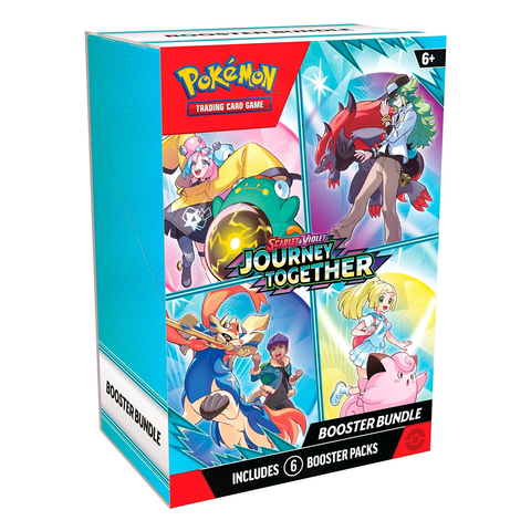 The teal packaging features colorful artwork of trainer-Pokémon pairs including characters with Zoroark, Bellibolt, and Clefairy.