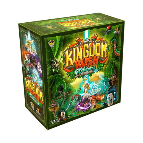 Kingdom Rush: Elemental Uprising board game box featuring vibrant fantasy artwork with heroes, monsters, and magical elements set in a lush jungle environment. The large rectangular game box displays the title prominently in bold golden letters against a green background filled with detailed illustrations of fantasy characters including wizards, warriors, and various creatures.