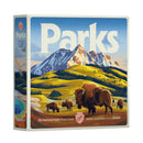 Box cover for Parks: The National Parks Board Game featuring vibrant, stylized artwork of bison grazing in golden meadows with snow-capped mountains in the background. The box displays colorful landscape illustrations reminiscent of vintage national park posters.