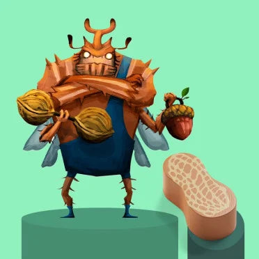 A beetle-like wrestler character from the Kabuto Sumo board game, standing on a circular platform. The orange-brown insect wrestler has muscular arms, wears blue pants, and holds a small acorn in one hand. Next to the character is his signature peanut-shaped game piece.