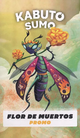 Cover art for Kabuto Sumo: Flor de Muertos promo featuring a colorful beetle wrestler with vibrant butterfly-like wings. The insect character has flower stem with orange flowers in its hands and is illustrated with a purple and green body against a soft pastel background.