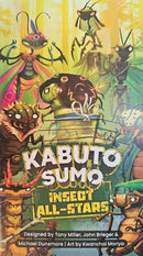 Box cover of Kabuto Sumo: Insect All-Stars expansion featuring colorful illustrated insect wrestlers with distinctive features against a yellow-green background. The artwork showcases various insect characters including an ornate beetle, mantis, and other stylized bugs positioned around the bold title text.