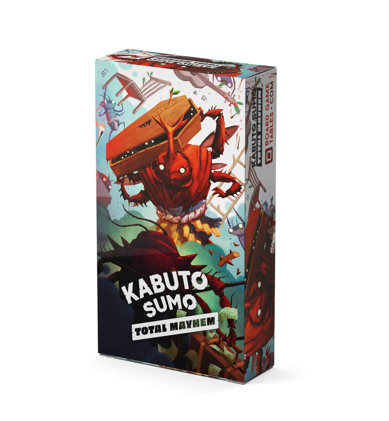 Box art for Kabuto Sumo: Total Mayhem expansion featuring a red beetle-like creature wielding wooden furniture as weapons. The colorful packaging shows animated mayhem with chairs and tables flying amid a chaotic background of teal and green tones.