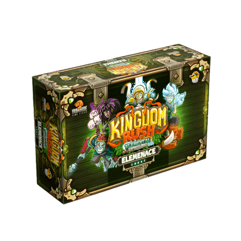 Kingdom Rush: Elemental Uprising Elemenace board game box featuring colorful fantasy artwork with various characters including knights, wizards, and magical creatures against a green wood-textured background. The box displays the game's logo prominently in golden letters with "Elemental Uprising" and "Elemenace Edition" text clearly visible. The packaging has decorative metal corner reinforcements and chain details that give it a treasure chest appearance, emphasizing the deluxe nature of this complete edit