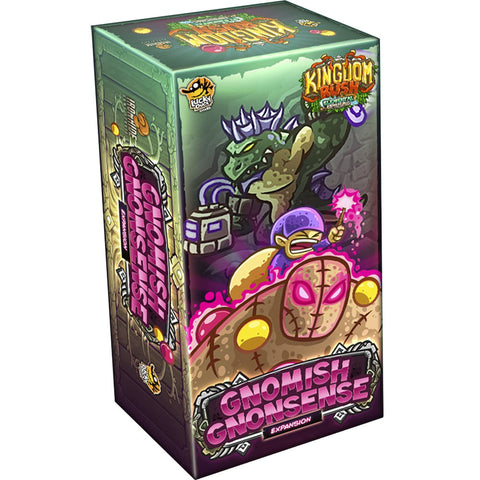 Kingdom Rush: Gnomish Nonsense expansion box featuring colorful fantasy artwork with a large green dragon boss character wearing a purple crown and a gnome wizard character in robes holding magical items. The vibrant box art displays the game's whimsical cartoon art style with purple and green gradient backgrounds and fantasy dungeon elements.