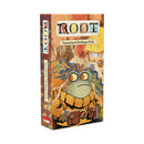 Box art for Root: Homeland Hirelings Pack expansion featuring a grumpy-looking frog character wearing an orange cloak and carrying a backpack. The rectangular box has an autumnal color scheme with trees and landscapes in the background.