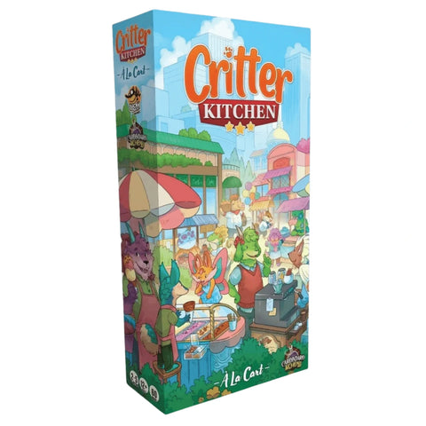 Box art for the board game expansion "Critter Kitchen: À La Cart," featuring colorful anthropomorphic animal characters running food carts in a bustling marketplace. The vibrant illustration shows various animal chefs serving customers, with a fox, green dragon, and purple creature prominently displayed in the foreground.