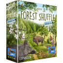 Forest Shuffle: Woodland Edge expansion game box featuring vibrant forest artwork with a wild boar in the foreground, bison grazing in a sunlit meadow, and colorful wildflowers among lush green trees. The box cover showcases a serene woodland scene with rolling hills, flowering branches, and various wildlife including birds and butterflies scattered throughout the landscape. 