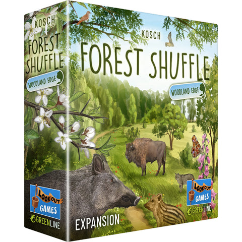 Forest Shuffle: Woodland Edge expansion game box featuring vibrant forest artwork with a wild boar in the foreground, bison grazing in a sunlit meadow, and colorful wildflowers among lush green trees. The box cover showcases a serene woodland scene with rolling hills, flowering branches, and various wildlife including birds and butterflies scattered throughout the landscape. 
