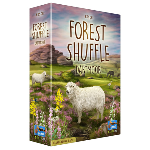 Board game box for 'Forest Shuffle Dartmoor' with sheep and natural landscape design.