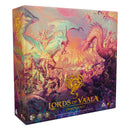 Lords of Vaala: Dragonbond board game box featuring epic fantasy artwork with colorful dragons, armored warriors, and magical combat scenes in vibrant pink, green, and gold tones. The dramatic illustration shows multiple dragons including a large teal dragon with a unicorn horn battling against medieval armies with shields and weapons across a fantastical landscape.