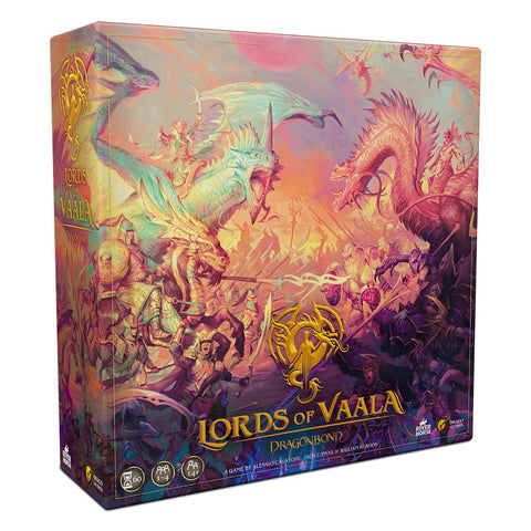 Lords of Vaala: Dragonbond board game box featuring epic fantasy artwork with colorful dragons, armored warriors, and magical combat scenes in vibrant pink, green, and gold tones. The dramatic illustration shows multiple dragons including a large teal dragon with a unicorn horn battling against medieval armies with shields and weapons across a fantastical landscape.