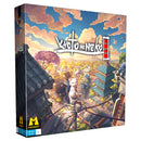 Kyoto no Neko board game box featuring vibrant artwork of a Japanese cityscape with traditional rooftops, cherry blossom trees, and cute cat characters exploring the streets below. The illustrated cover shows an aerial view of Kyoto with colorful buildings, pagodas, and anthropomorphic cats positioned throughout the scene under a dramatic sky with pink and orange clouds. 