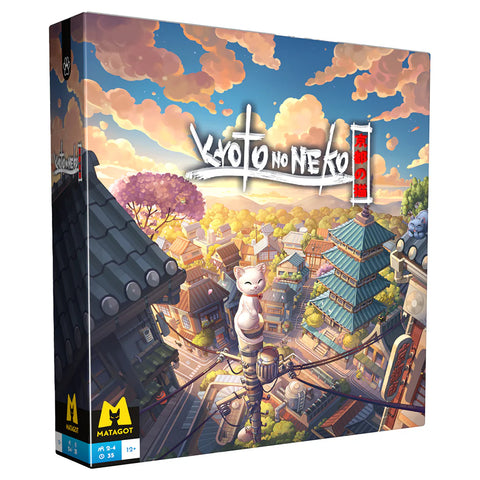 Kyoto no Neko board game box featuring vibrant artwork of a Japanese cityscape with traditional rooftops, cherry blossom trees, and cute cat characters exploring the streets below. The illustrated cover shows an aerial view of Kyoto with colorful buildings, pagodas, and anthropomorphic cats positioned throughout the scene under a dramatic sky with pink and orange clouds. 