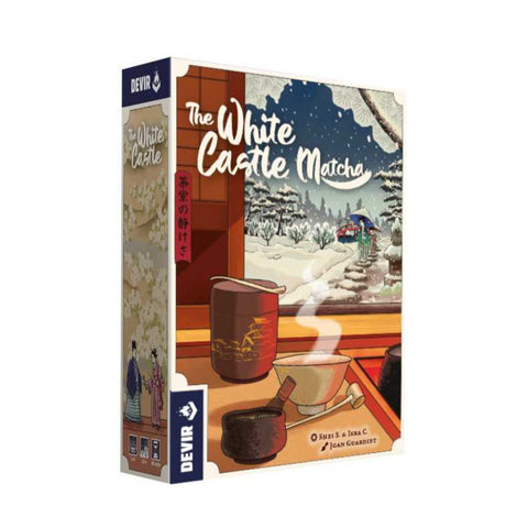 The White Castle Matcha board game box featuring winter scenery with a traditional Japanese tea house overlooking a snowy landscape. The box art displays a cozy interior scene with a steaming tea kettle and wooden implements on a table, while snow-covered trees and mountains are visible through the window. The game box has a warm brown and orange color scheme with the DEVIR publisher logo visible in the top corner.