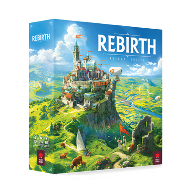 Box art for Rebirth, a strategic tile-laying board game by Reiner Knizia, showing a vibrant castle built atop a cliff overlooking lush green countryside. The colorful illustration depicts a post-apocalyptic Scotland being rebuilt with sustainable features like wind turbines, airships, and pastoral elements.