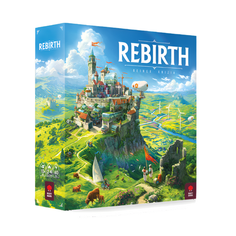 Box art for Rebirth, a strategic tile-laying board game by Reiner Knizia, showing a vibrant castle built atop a cliff overlooking lush green countryside. The colorful illustration depicts a post-apocalyptic Scotland being rebuilt with sustainable features like wind turbines, airships, and pastoral elements.