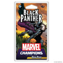 he box art shows a dynamic illustration of Shuri in her Black Panther suit with a purple cape against an orange sunset backdrop. Marvel Champions: The Card Game Hero Pack featuring Black Panther in retail packaging.