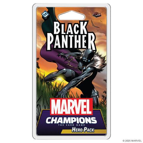 he box art shows a dynamic illustration of Shuri in her Black Panther suit with a purple cape against an orange sunset backdrop. Marvel Champions: The Card Game Hero Pack featuring Black Panther in retail packaging.