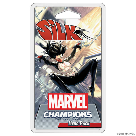 Marvel Champions: The Card Game Hero Pack featuring Silk, displayed in retail packaging. The box art shows a dynamic illustration of the superhero Silk in mid-swing, wearing her black and white costume with red face mask, firing web strands against a motion-blurred background.