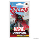 Falcon Hero Pack packaging for Marvel Champions: The Card Game, showing dynamic comic-style artwork of Falcon in a red and gray costume soaring above a city skyline. The character is depicted with his iconic wings spread wide.