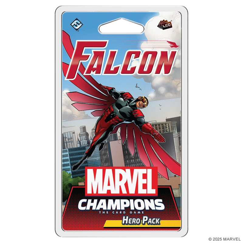 Falcon Hero Pack packaging for Marvel Champions: The Card Game, showing dynamic comic-style artwork of Falcon in a red and gray costume soaring above a city skyline. The character is depicted with his iconic wings spread wide.