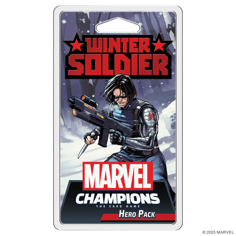 Winter Soldier Hero Pack for Marvel Champions: The Card Game, showing packaging artwork featuring the character in a snowy battle scene. The illustrated Winter Soldier has long dark hair, a metal arm with a red star, and is wielding both a gun and knife while dressed in tactical gear.