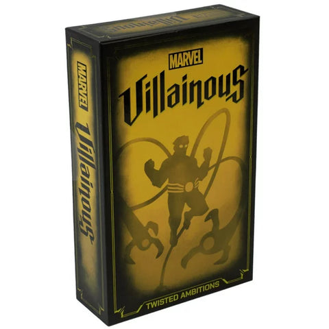 Marvel Villainous: Twisted Ambitions board game box featuring a dramatic yellow and black color scheme with a silhouetted villain figure prominently displayed on the front. The box has a sleek, comic book-inspired design with the Marvel logo at the top and "Villainous" in bold lettering across the center. 