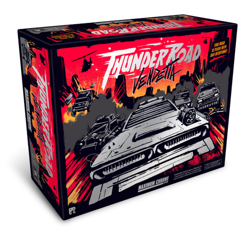 Thunderroad Vendetta Maximum Carnage board game box featuring dramatic artwork of armored vehicles in a post-apocalyptic desert setting with explosions and debris. The large red and black package showcases the game's logo in bold white lettering across the top, with detailed illustrations of various combat vehicles including a prominent armored car in the foreground.