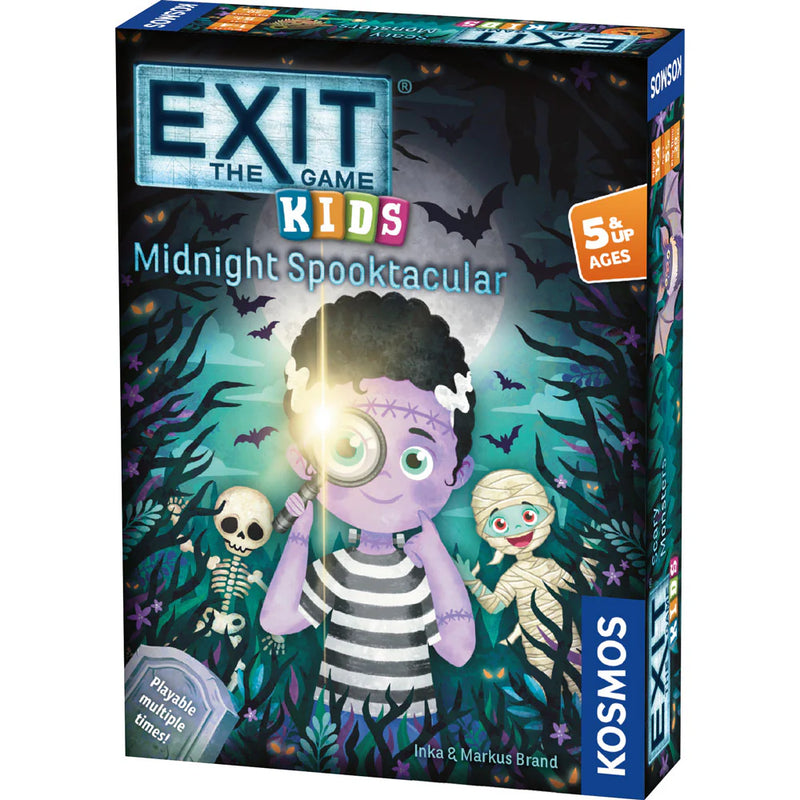 EXIT: The Game Kids Midnight Spooktacular board game box featuring a cartoon purple character with curly dark hair holding a magnifying glass, surrounded by Halloween-themed elements like bats, a skeleton, and a mummy. The box displays the EXIT logo prominently at the top with "KIDS" in colorful blocks.