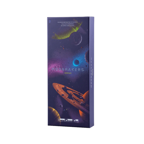 The box art displays the game's title "MOONRAKERS NOMAD" in stylized lettering against a starfield with various celestial bodies including a crescent moon and orange spaceship.