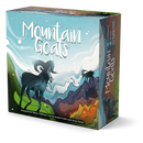 Box cover for Mountain Goats board game, featuring stylized black mountain goats climbing colorful, layered mountains against a light blue background. The vibrant artwork shows goats with curved horns positioned on different levels of a rainbow-colored mountain landscape, reflecting the game's theme of climbing to the mountain tops.