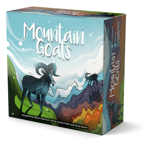 Box cover for Mountain Goats board game, featuring stylized black mountain goats climbing colorful, layered mountains against a light blue background. The vibrant artwork shows goats with curved horns positioned on different levels of a rainbow-colored mountain landscape, reflecting the game's theme of climbing to the mountain tops.