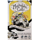Mushroom Cats! box cover featuring a gray tabby cat holding mushrooms on a bright yellow background. The whimsical illustration shows the cat surrounded by various mushrooms with the tagline 'A card game of mycological mischief!' below. 
