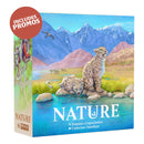Board game box for 'Nature' feautring animals in a mountain landscape and drinking from a lake.