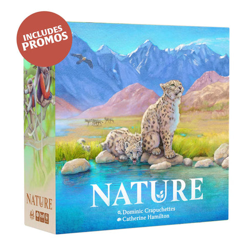 Board game box for 'Nature' feautring animals in a mountain landscape and drinking from a lake.