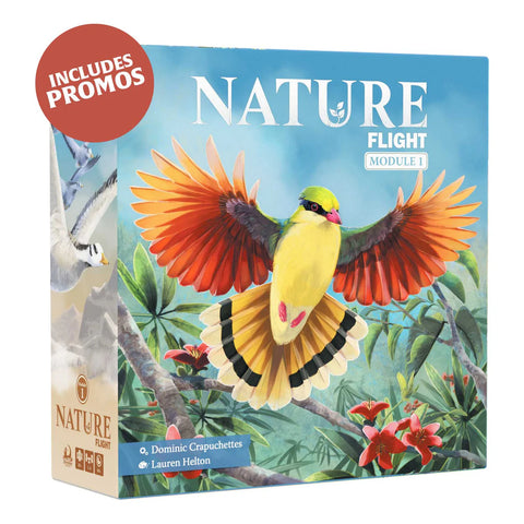 Nature Flight module 1 packaging with colorful birds flying amid green foliage and red flowers. 