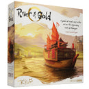 Box cover of 'River of Gold' board game featuring trading ships with red sails navigating a golden river at sunset.