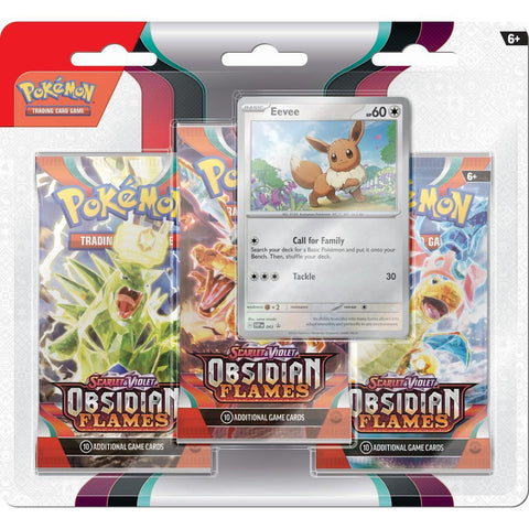 This Pokémon Trading Card Game "Scarlet & Violet - Obsidian Flames" 3-pack blister features an Eevee promo card prominently displayed in the center. The package includes three sealed booster packs of the Obsidian Flames expansion, showcasing artwork of different Pokémon on each pack wrapper within a retail-ready hanging package marked for ages 6+.