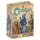 The box features ornate blue and gold decorative elements, with knights, merchants, and townsfolk illustrated in a colorful medieval style.