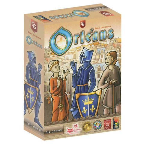 The box features ornate blue and gold decorative elements, with knights, merchants, and townsfolk illustrated in a colorful medieval style.