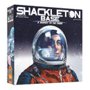 Shackleton Base board game box featuring an astronaut in an orange and blue spacesuit with helmet reflecting a lunar base structure against a starry space background. The game title appears in large white letters across the top with subtitle 'A Journey to the Moon' below.