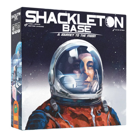 Shackleton Base board game box featuring an astronaut in an orange and blue spacesuit with helmet reflecting a lunar base structure against a starry space background. The game title appears in large white letters across the top with subtitle 'A Journey to the Moon' below.