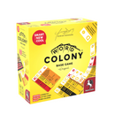 Word Colony Base Game box in bright yellow packaging featuring letter cards and the Pegasus Spiele logo. The box displays sample gameplay cards in red, orange and yellow colors showing letter values and trivia information.