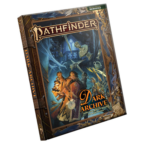 Pathfinder Dark Archive book featuring an adventurer in a chaotic library scene. 