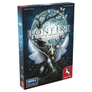 Box art for Bonfire: Trees & Creatures expansion, featuring a mystical white dragon wrapped around a glowing tree with white blossoms against a deep blue background. The game box displays the designers Stefan Feld and Tim Schleimer, with the Pegasus Spiele and H@LL Games logos visible at the bottom corners.