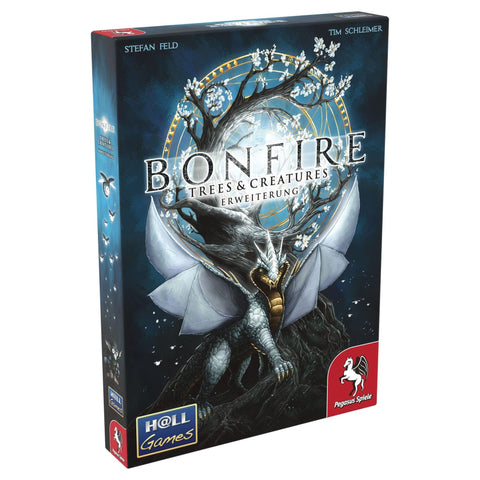 Box art for Bonfire: Trees & Creatures expansion, featuring a mystical white dragon wrapped around a glowing tree with white blossoms against a deep blue background. The game box displays the designers Stefan Feld and Tim Schleimer, with the Pegasus Spiele and H@LL Games logos visible at the bottom corners.