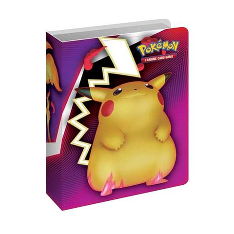A mini portfolio featuring a chubby Pikachu design. The purple and pink binder has a large lightning bolt graphic behind the yellow Pikachu character on the cover, with the Pokémon logo visible in the upper right corner.